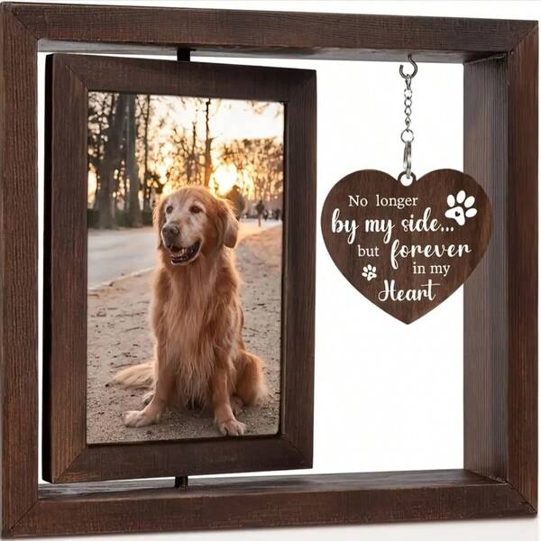Double-Sided Rotating Memorial Photo Frame With Pendant Charm, Wooden Pet Dog Memorial Rotating Picture Frame, Memorial Gift Wooden Double-Sided Photo Frame For Desktop Display To Cherish Your Beloved Dog's Precious Memories, Halloween, Christmas And Birthday Gift