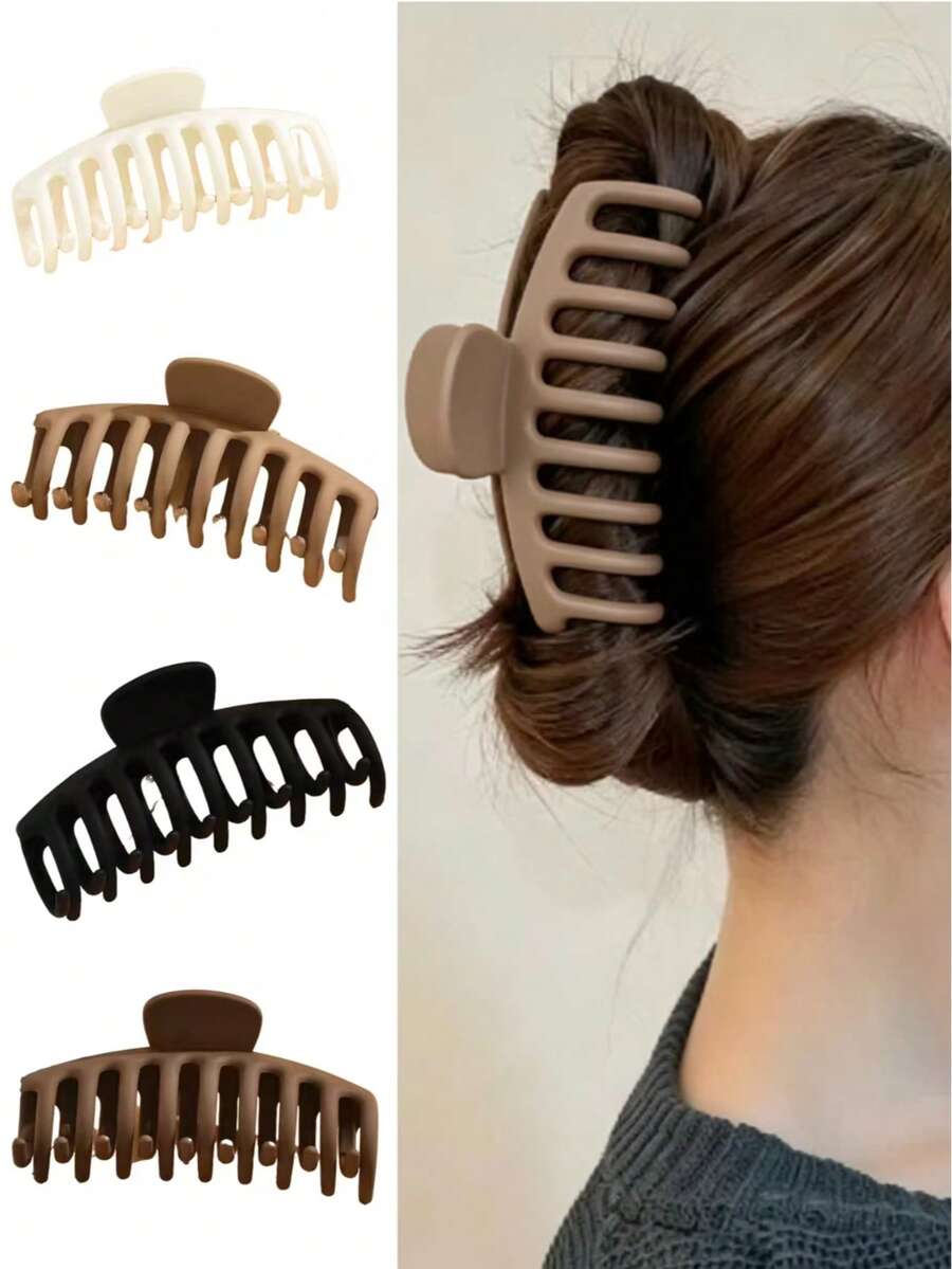 4pcs Solid Color Hair Claw Clips, Large Non-Slip Hollow Design, Suitable For Thick Hair, Women's Daily Casual Makeup Hair Accessories