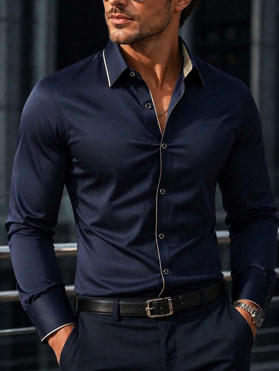 Men's Formal Long Sleeve Single-Breasted Dress Shirt For Formal ...