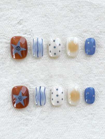 10 piezas de uñas postizas cortas cuadradas de presión, hechas a mano, estilo minimalista dulce y cool, INS diario Y2K, pintadas a mano con estrella de cinco puntas ondulada azul, lunares y degradado amarillo con rubor