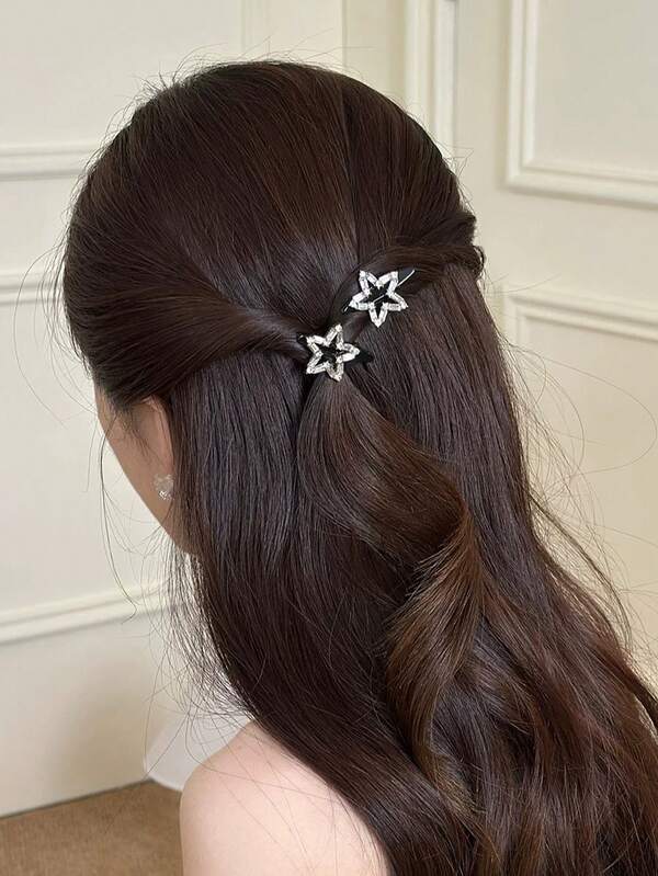 2pcs Women's Shiny Mini Zirconia Star Hair Clips, Silver Rhinestone Hollow Alligator Hair Clips, Y2K Style Side Hair Accessories