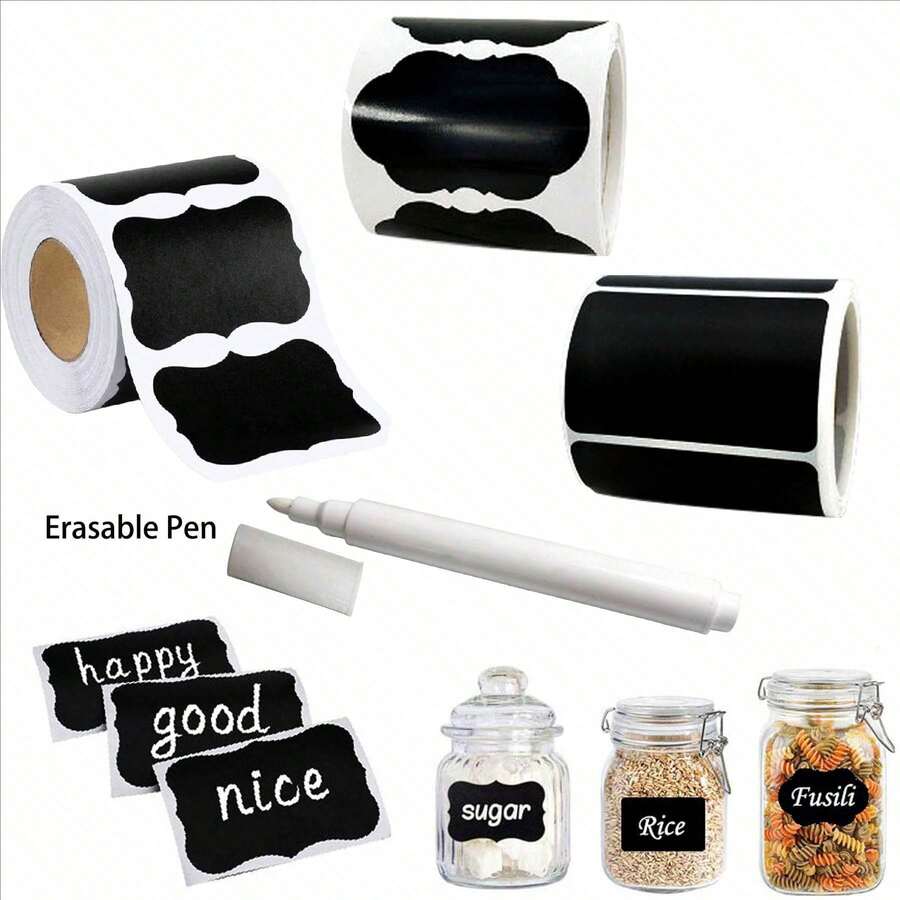 Jar Labels - Writeable Category Stickers, Waterproof Reusable Chalkboard Stickers, Gift Wrap Label Stickers, Marker Stickers - Black - View 1