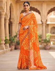 Estationeryhouse Chiffon Saree With Coloured Stripes With Unstitched Blouse - Orange - View 1