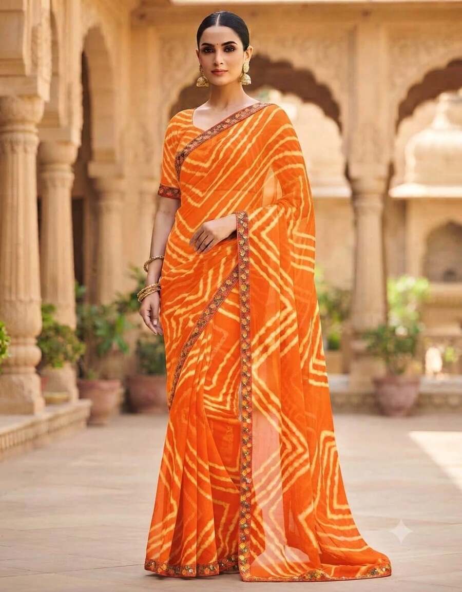 Estationeryhouse Chiffon Saree With Coloured Stripes With Unstitched Blouse - Orange - View 1