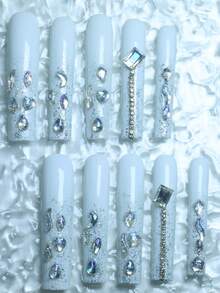 CrystalHola 10片手工穿戴甲，長款棺材形亮面水鑽美甲，奢華3D飾品裝飾美甲，壓克力材質，可重複使用，批發，迷人百搭風格，適合日常穿戴/約會/派對/婚禮/夜晚出門，工具隨機顏色 - 彩色 - 查看 9