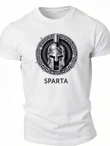 Silver Spartan Helmet Mask Emblem Men's Short Sleeve T-Shirt Black - White - View 1
