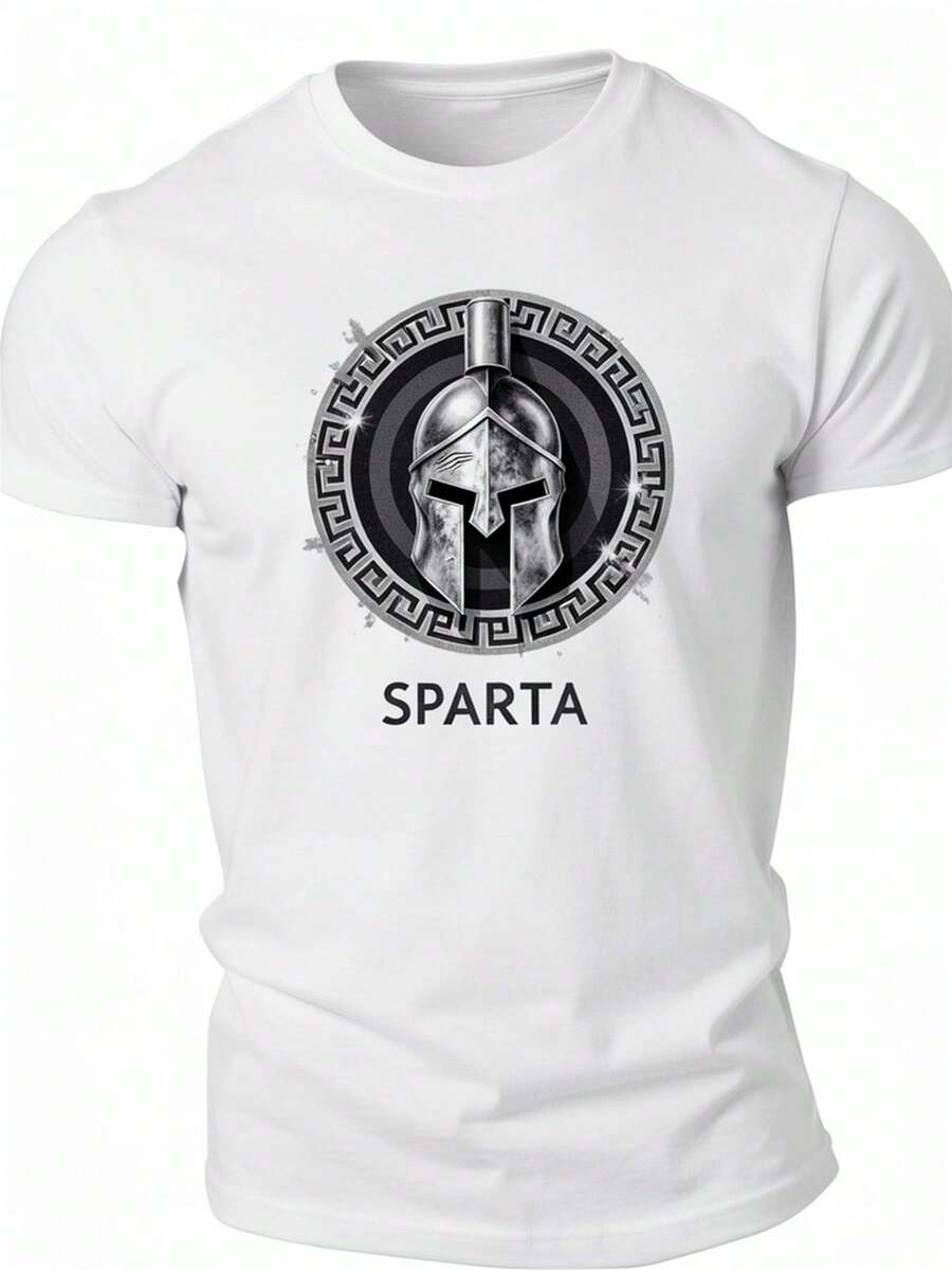 Silver Spartan Helmet Mask Emblem Men's Short Sleeve T-Shirt Black - White - View 1
