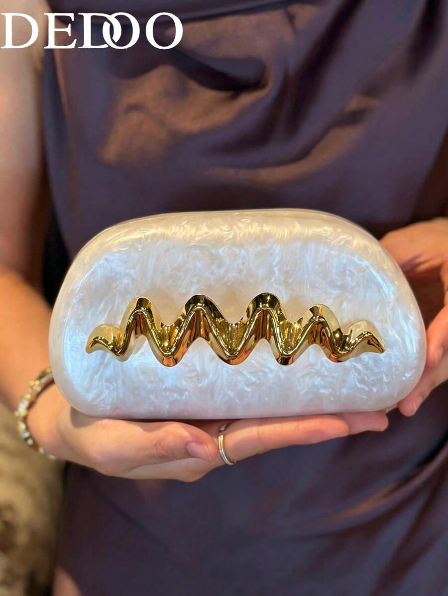 女款晚宴手拿包，橢圓硬殼盒子包，波浪金屬扭轉扣飾，極簡奢華前衛風格，適合盛大舞會、婚禮、雞尾酒會 - 白色 - 查看 1
