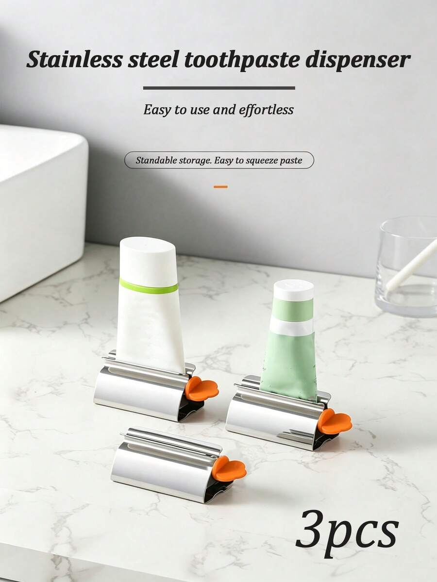 3pcs Stainless Steel Toothpaste Squeezer, Toothpaste Holder Stand, Reduce Waste Bathroom Accessories - 3pcs - View 1