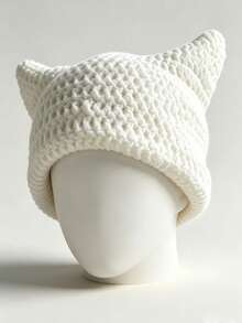 1 pieza Gorro de punto cálido de otoño/invierno, Gorro de punto con orejas de gato estilo Y2K lindo, Gorro minimalista de moda para mujer - gorro de punto con orejas de gato - Ver 15