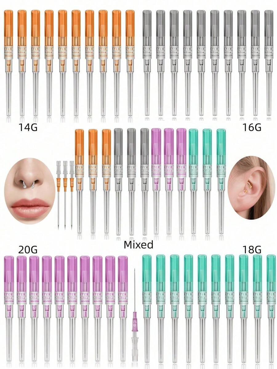 12pcs/Set 316 Stainless Steel Disposable Piercing Needle Tools. Suitable For Ear, Nose, Lip, Belly, Tongue, Eyebrow, Cartilage Skin Piercing Beauty Tools - Multicolor - View 1