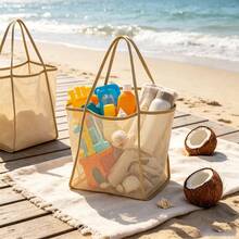 1pc Breathable Mesh Tote Bag, Large Capacity Lightweight Beach Storage Bag, Portable Foldable Shoulder Bag, Suitable For Picnic, Camping, Garden Outings, Outdoor Essentials Storage Bag - Storage Bag - View 7