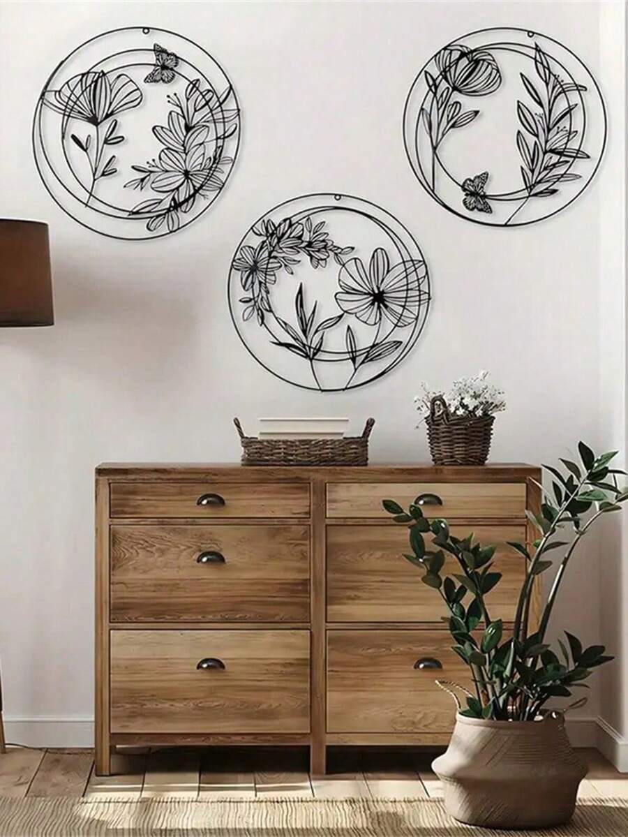 3件組現代極簡黑色金屬牆飾,抽象花卉掛飾,適用於廚房與客廳,無需電源,春夏居家裝飾 - 黑色 - 查看 1