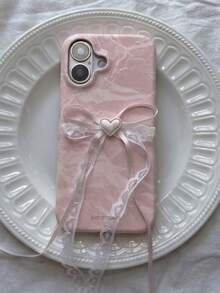 1pc INS Cute Cream Color Satin Silk Marble Bow Phone Case, Suitable For IPhone 17 Pro Max AIR 16 15 13 14 12 11 Pro Max Plus, Minimalist Cute Girl Soft Shell - Pink - View 3