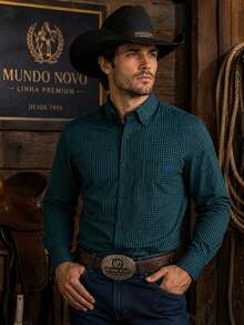 Camisa Masculina Country Manga Longa Xadrez 100% Algodão - Verde Escuro - Visão 7