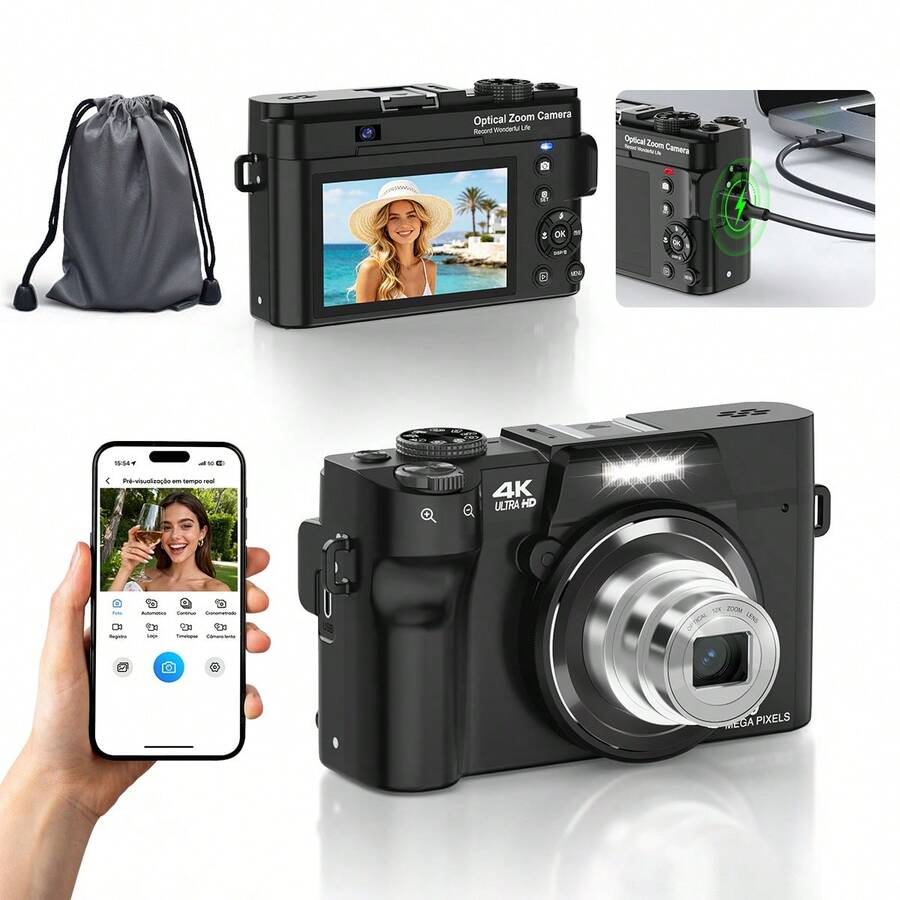 4K Digital Camera (For Professional Photography), 12x Optical Zoom, 75MP Auto Focus, Supports WiFi Network Camera Function, Equipped With 3-Inch Ultra-HD Display, Ideal For Travel And Video Blogging - View 1