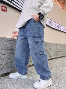 Tween Boy Fashion Street Button Pocket Cargo Denim Jeans - Medium Wash - View 11