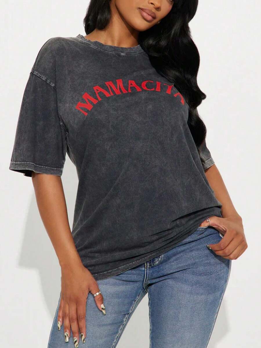 Washed Cotton MAMACITA Black Printed Curved Top, Premium Batik Cotton Fashion Tee, All Season Daily Wear, 2026 Summer Casual Short Sleeve Tops - 黑色1 - 查看 1