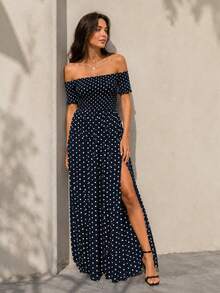 Elegantes schwarzes A-Linien-Langkleid für Damen mit weißen Punkts für den Sommer - Schwarz - Übersicht 3