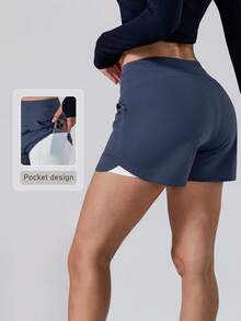 NcmRyu Women's 1pc Drawstring Side Pocket Curved Hem Split Leg Shorts With Lining - Navy Blue - View 10
