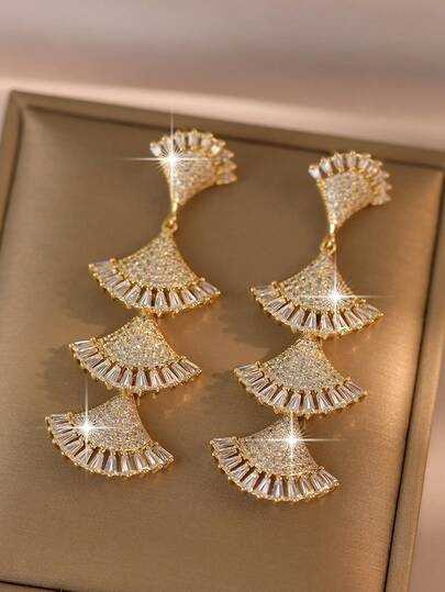 jealous young 1pair Luxury Gold 4-Tier Fan Long Dangle Earrings, Inlaid Baguette Round Cubic Zirconia Sparkly Tassel Jewelry For Daily Dinner Party Wedding & Date