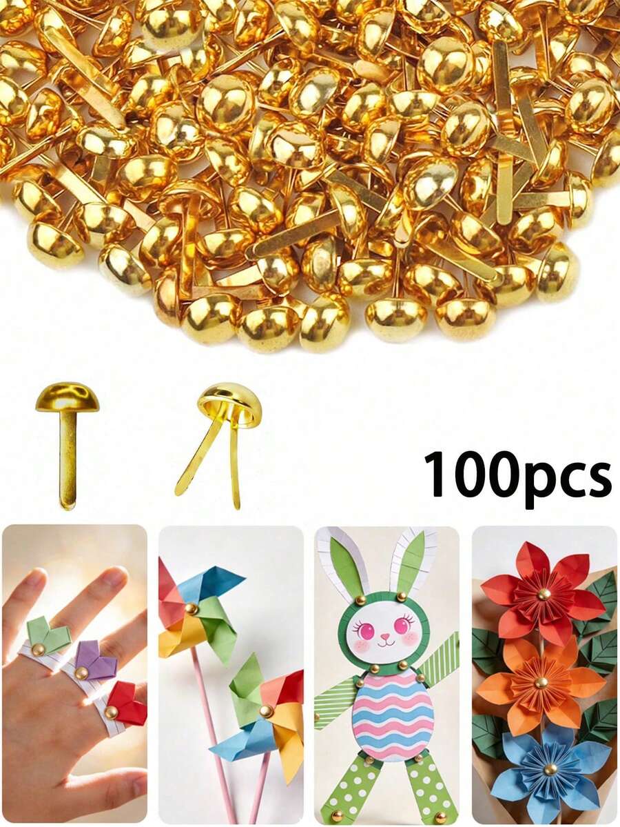 100個金色圓形扣環,迷你金屬鉚釘,黃銅紙夾,金屬黃銅扣件,迷你圖釘,適用於手工藝品、藝術創作、手工藝、剪貼簿裝飾、學校DIY用品、紙藝DIY圖釘、剪貼簿 - 圓釘 - 查看 1