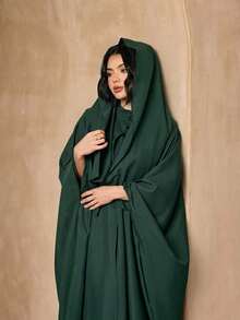 時尚百搭純色女款三件式套裝，優雅無袖長袍 + 寬鬆 Abaya 開襟長袍 + 披肩圍巾套裝，親膚柔軟防曬穆斯林服飾 - 墨綠色 - 查看 4