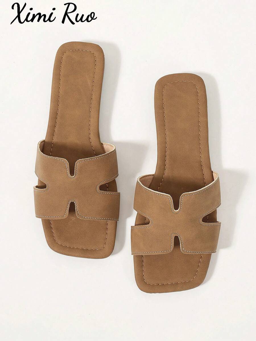 Ximi Ruo 女款春夏新款時尚休閒平底拖鞋,百搭沙灘鞋,舒適低跟圓頭極簡戶外涼鞋 - 棕色 - 查看 1
