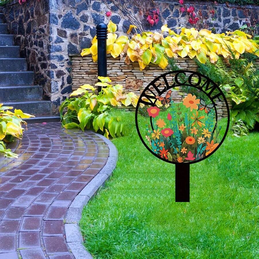 2D Flat Print, 1pc Colorful Butterfly & Floral Welcome Sign, Artistic Decorative Floor Hanging Ornament, Suitable For Christmas Garden And Outdoor Decor, Butterfly Decoration, Artistic Garden Decor - A - View 1