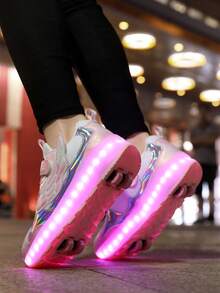 女童 LED 充電發光輪滑鞋，兒童多功能可變形輪滑鞋，可拆卸輪子，適合四季穿著 - 粉色 - 查看 12