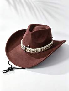 Unisex Vintage Western Cowboy Hat, Suede Wide Brim Rider Hat, With Adjustable Windproof Chin Strap, Metal Decoration, Suitable For Outdoor, Sun, Perfect Gift For Halloween, Thanksgiving, Christmas, Country Music Concert, Rodeo And Beach Vacation - Suede Cowboy Hat - View 7