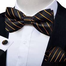 Black Gold Striped Bow Tie Matching Hanky Cufflinks Formal Banquet Suit Complete Kit - Gold - View 5
