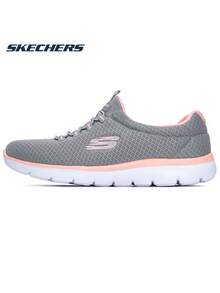 Skechers 女款鬆緊帶套腳式網布緩震走路鞋，慵懶風運動休閒鞋 - 灰粉 - 查看 1