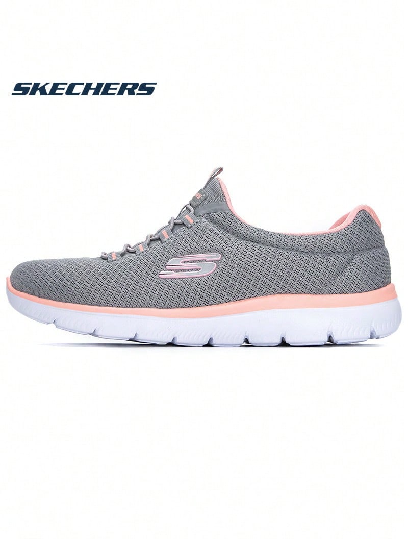 Skechers 女款鬆緊帶套腳式網布緩震走路鞋，慵懶風運動休閒鞋 - 灰粉 - 查看 1