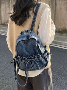 Women Light Blue Backpack Gathered Drawstring Front Storage Pocket Side Soft Lightweight Backpack For Campus Short Trips - Blue - View 2