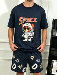 Men's Solid Color Crew Neck Cartoon Astronaut Bear Print Short Sleeve Letter Print Shorts 2-Piece Set Cute Comfortable Loungewear - Multicolor - View 3