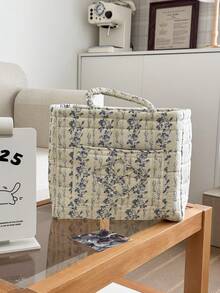 1pc Set French Vine Storage Basket Vintage Blue White Floral Quilted Handheld Portable Cosmetic Sundries Desktop Organizer Container Box Home Decor Craft Gift - View 14