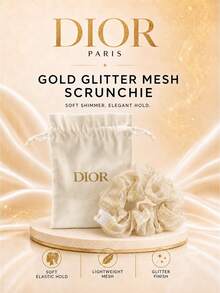 Dior 金色亮片網格髮圈 10cm，細亮片網格搭配金色箔 Logo，高彈性不勒頭，適合日常髮型、派對造型與禮品 - 金色 - 查看 2