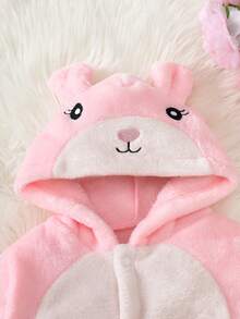 Newborn Baby Girl Autumn/Winter Cute Cartoon Rabbit Embroidered Flannel Long Sleeve Hooded Jumpsuit - Pink - View 5