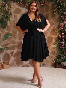 Gaun Bridesmaid Chiffon Tanpa Punggung dengan Lengan Ruffle dan Leher V untuk Wanita Ukuran Plus, Gaun Koktail untuk Tamu Pernikahan - Hitam - View 7