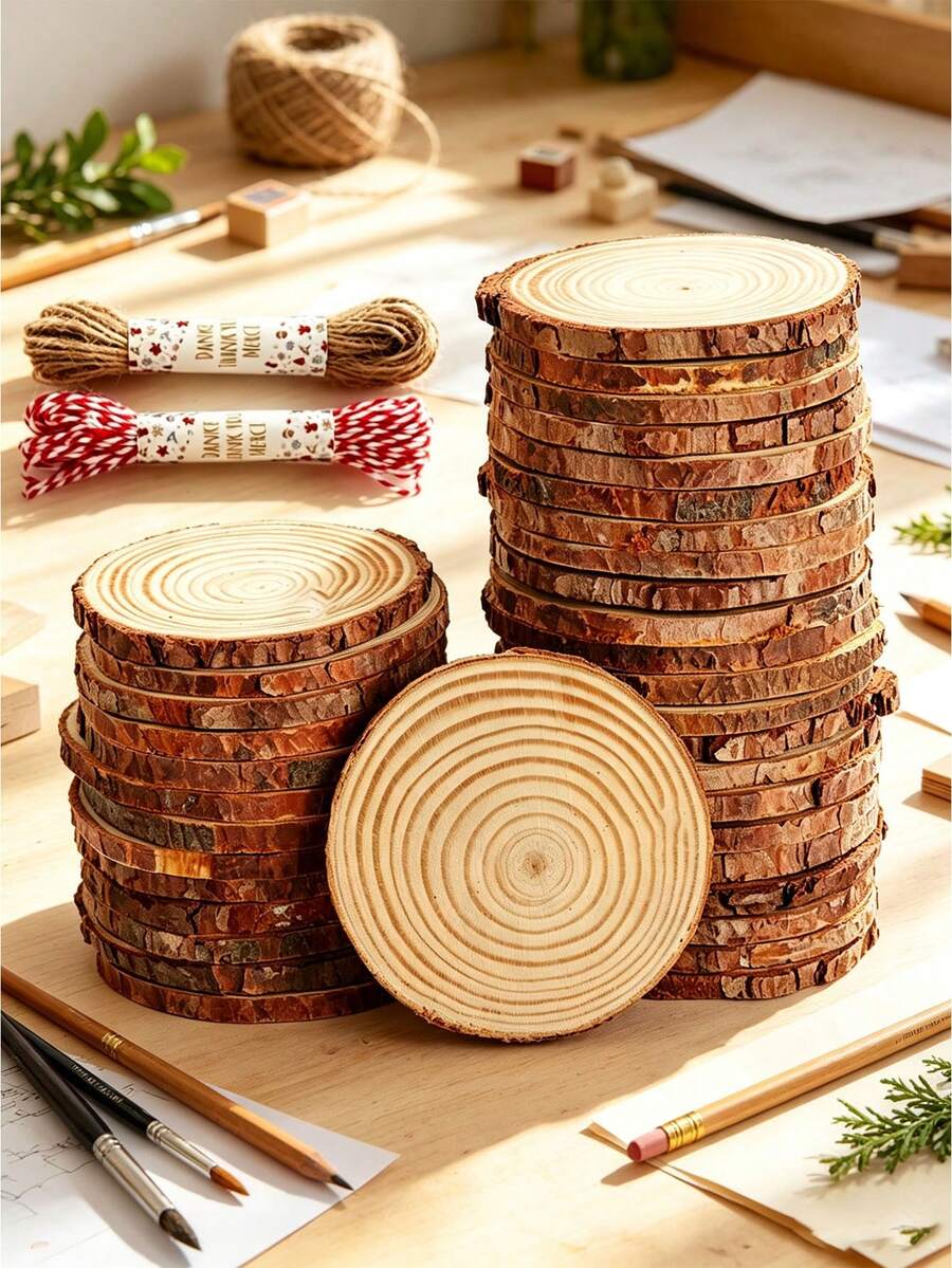 5pcs/10pcs Bulk Round Wood Slices, Undrilled, With Bark, DIY Wood Crafts, Suitable For Hand Painting, Pyrography, Carving, Christmas Tree Decoration, Wedding Gift Tags, Thanksgiving Autumn Tabletop Decor And Making Artistic Coasters - Round Wooden Board - View 1