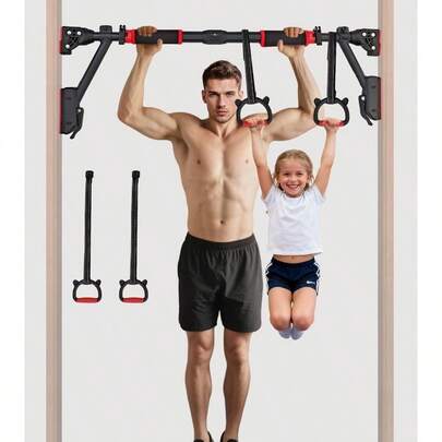 Barra para Dominadas con Anillos para Colgar, (Rango ajustable 78-98 cm) Barra de Ejercicio Ajustable sin Taladro, Pull Up Bar Soporta hasta 400 kg, Fácil Instalación Pared Gimnasio Interior Casa