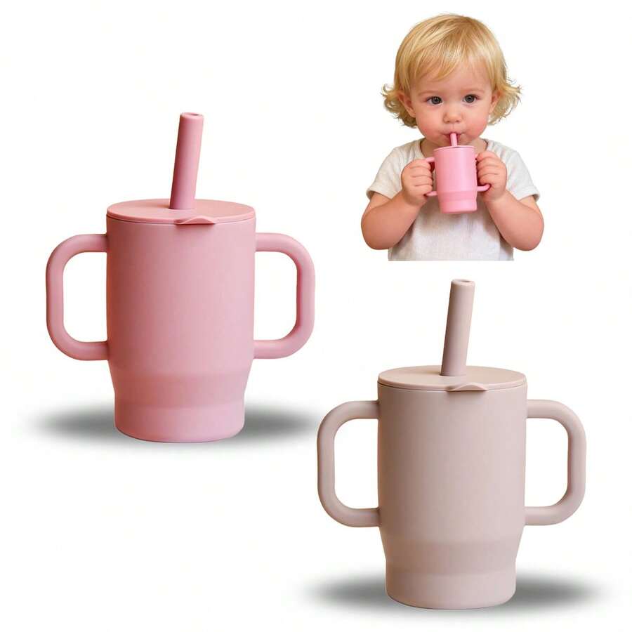 100% Silicone Training Cup, 5oz Anti-Spill Straw Cup + Open-Top Cup, 6+ Months Easy-Drinking For Babies