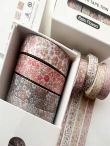Vintage-Style Box Of 8 Rolls Of Washi Tape, Plaid Journal Tape, Small Floral Journal Tape, And Decorative Material Stickers - View 4