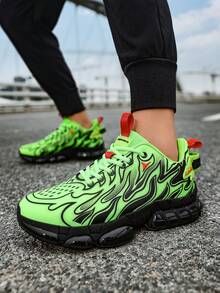 Men's Neon Green Flame Pattern Minimalist Versatile Casual Comfortable Running Shoes, Daily Colorblock Patchwork Low-Top Commuter Outdoor Sports Shoes, Air Cushion Running Shoes - Green - View 7