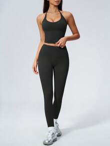 NcmRyu Women's One Set Solid Color Halter Tie U-Neck Backless Cropped Tank Top High Waist Ankle Pants Sports Outfit - Black - View 7
