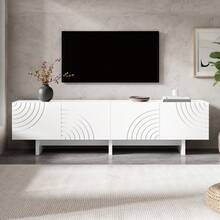 Modern TV Cabinet With 4 Doors / Arched Design / Made Of MDF / Cable Opening / Relief Decorations / For Living Room, Bedroom, Entertainment Area, White - 白色 - 查看 2