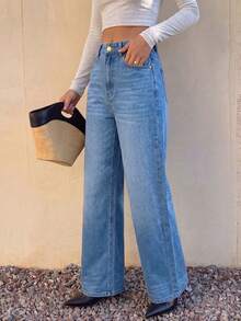 Women's Casual Straight Leg Denim Jeans, Non-Stretch Long Pants, Button And Zipper Fly, Versatile Everyday Style - Light Wash - View 4