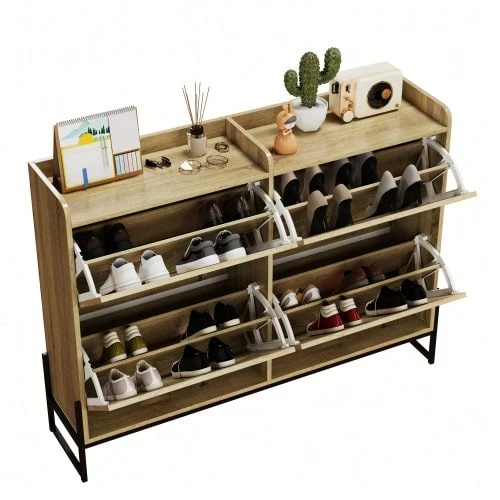 Shoe Cabinet With 4 Doors, Adjustable Shoe Rack, Narrow, Narrow Shoe Cabinet, Shoe Rack Shoe Tipper, Hallway. - 自然色 - 查看 1