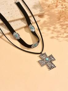 2pcs/Set Western Cowboy Vintage Style Black Velvet Rope Turquoise Carved Choker With Cross Pendant Layered Necklace Fashionable Personalized Women's Neck Jewelry Suitable For Daily Wear, Date, Vacation And Party - Multicolor - View 3